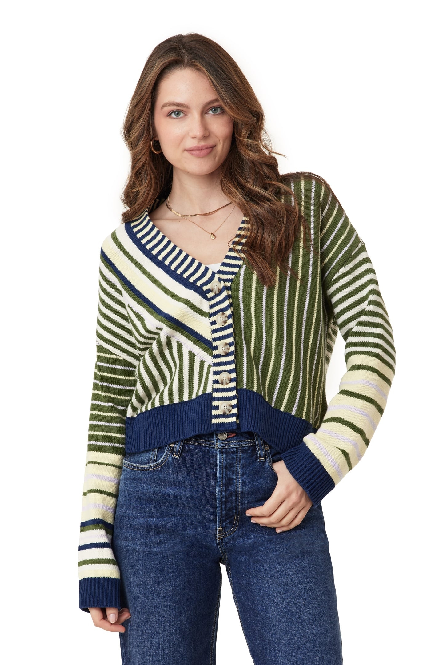 V NECK CARDIGAN GARDEN GREEN MIX 2