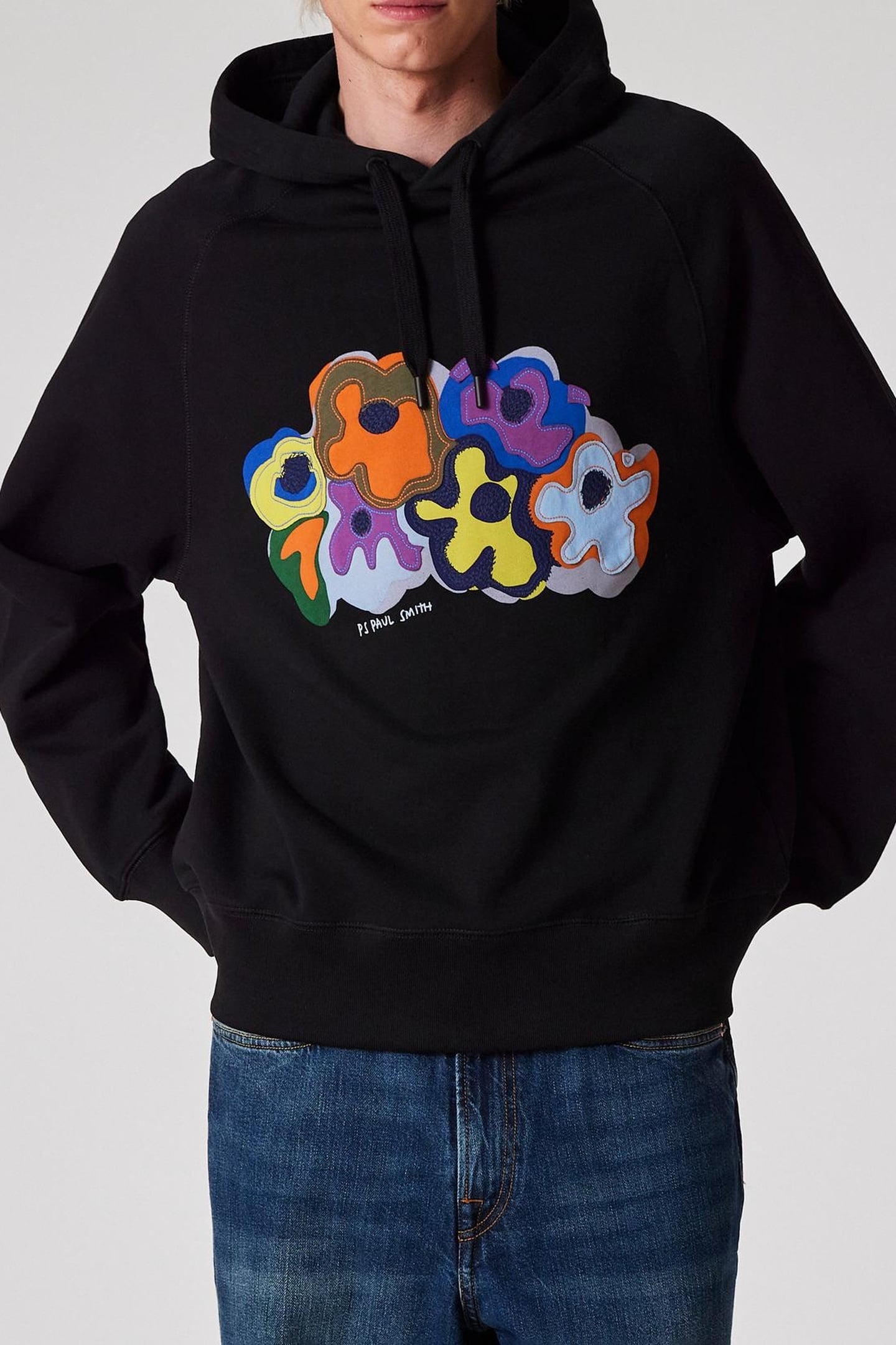 REG FIT LS HOODIE FLORAL MOTIF BLACK 1