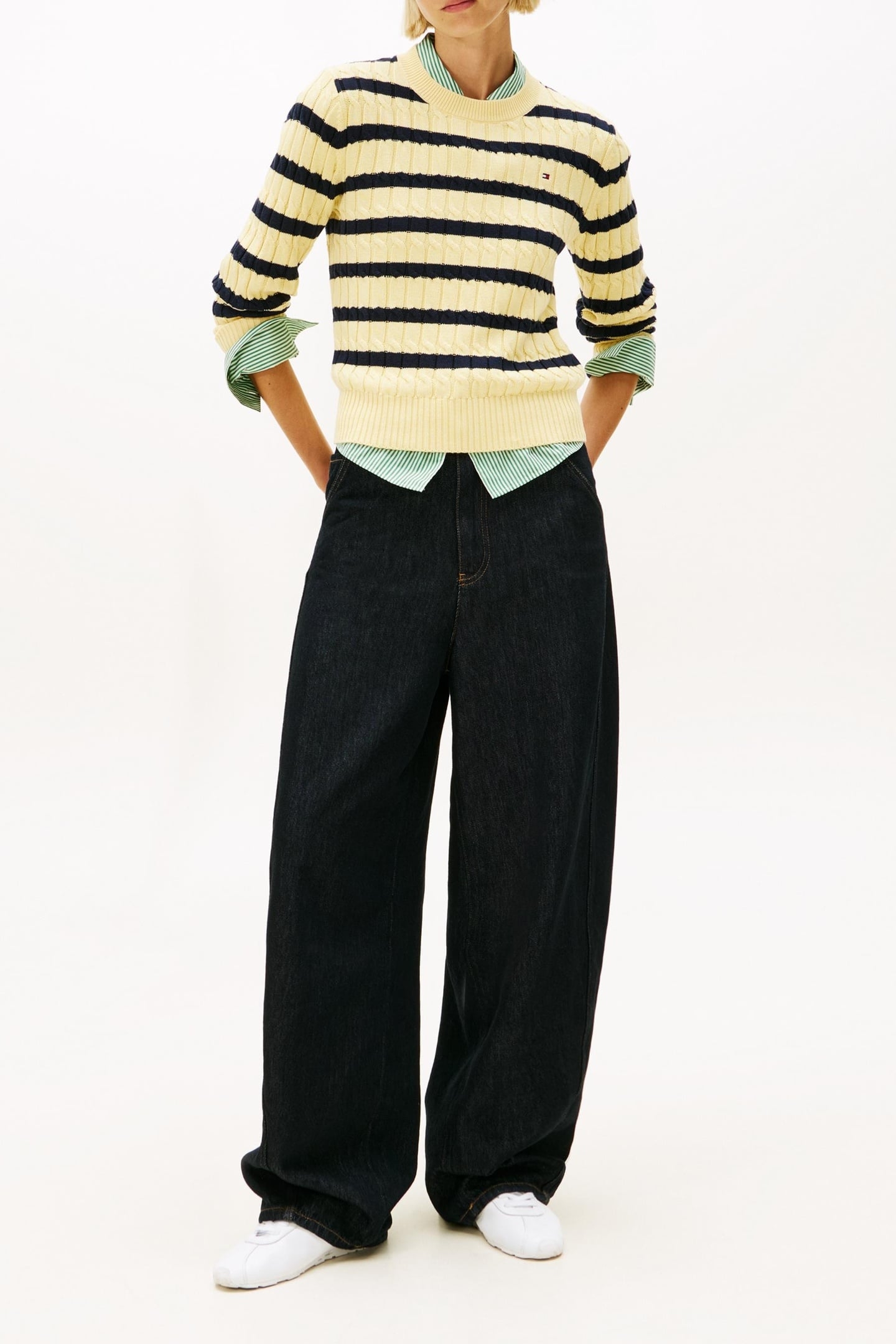 CABLE KNIT CREW NECK JUMPER ZESTY YELLOW/DARK NAVY 4