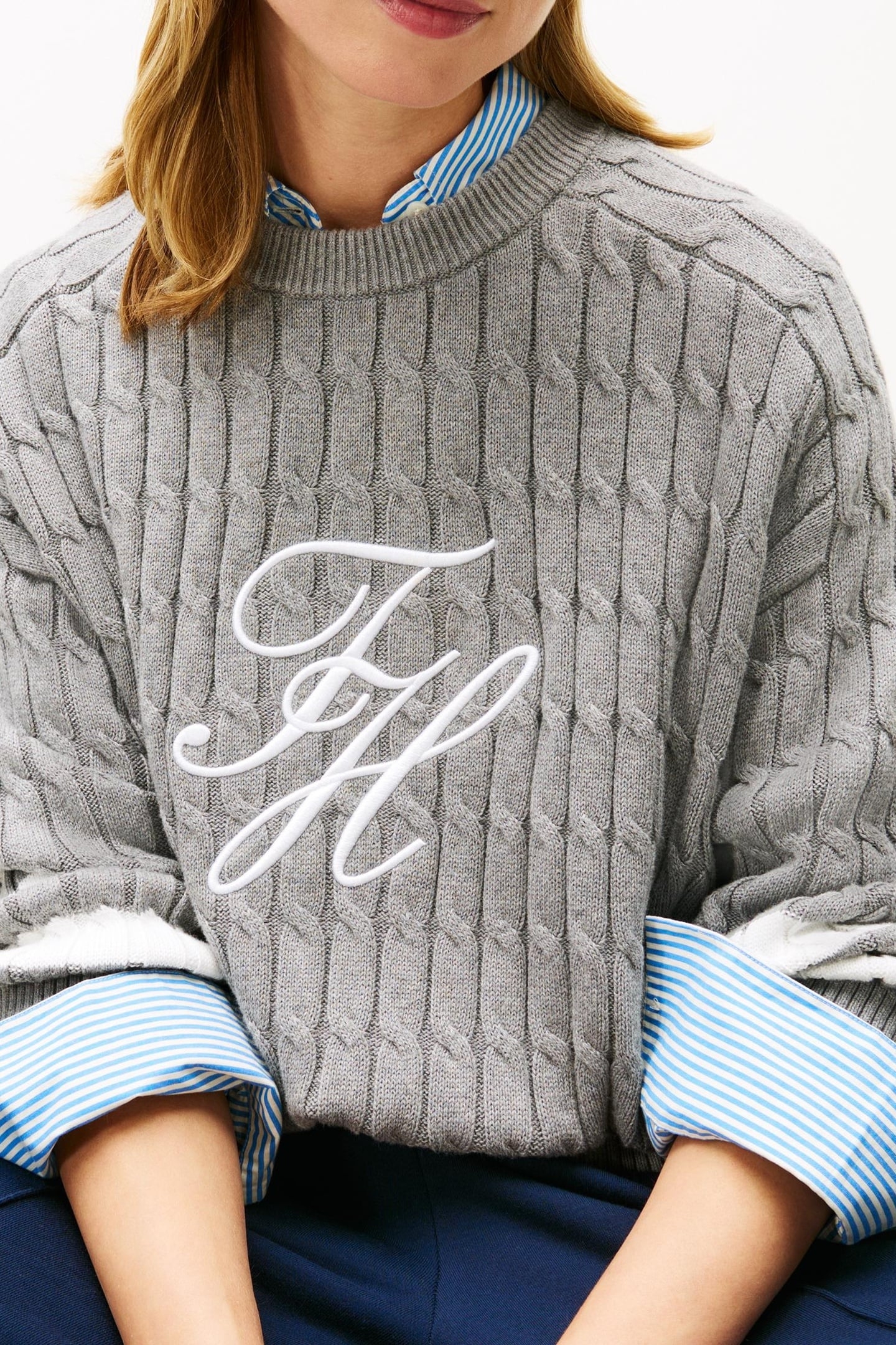 LOGO EMBROIDERY RELAXED CABLE KNIT JUMPER MED HEATHER GREY 2