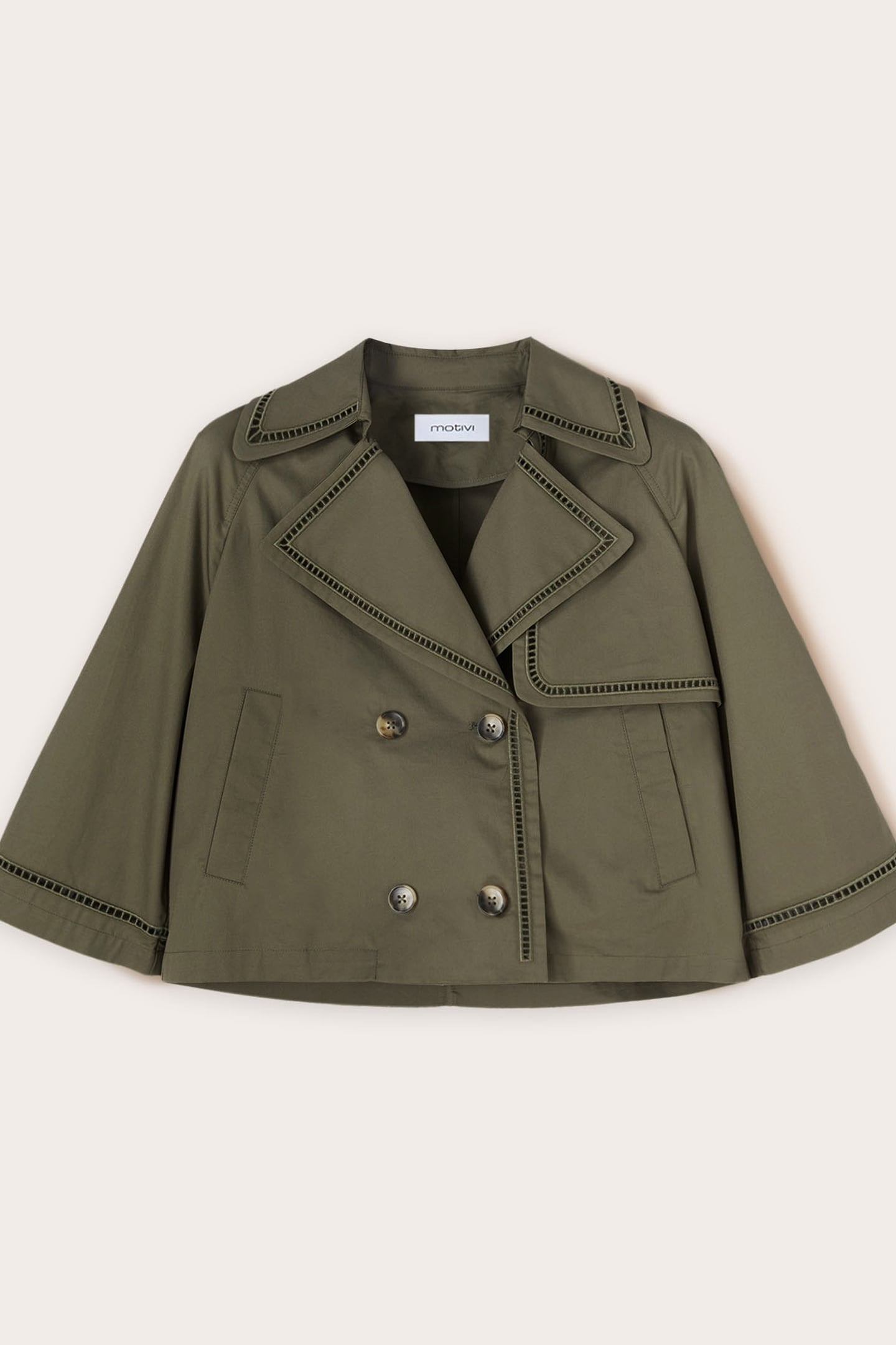 SHORT TRENCH COAT WITH OPENWORK DETAIL MILITARY GREEN 6