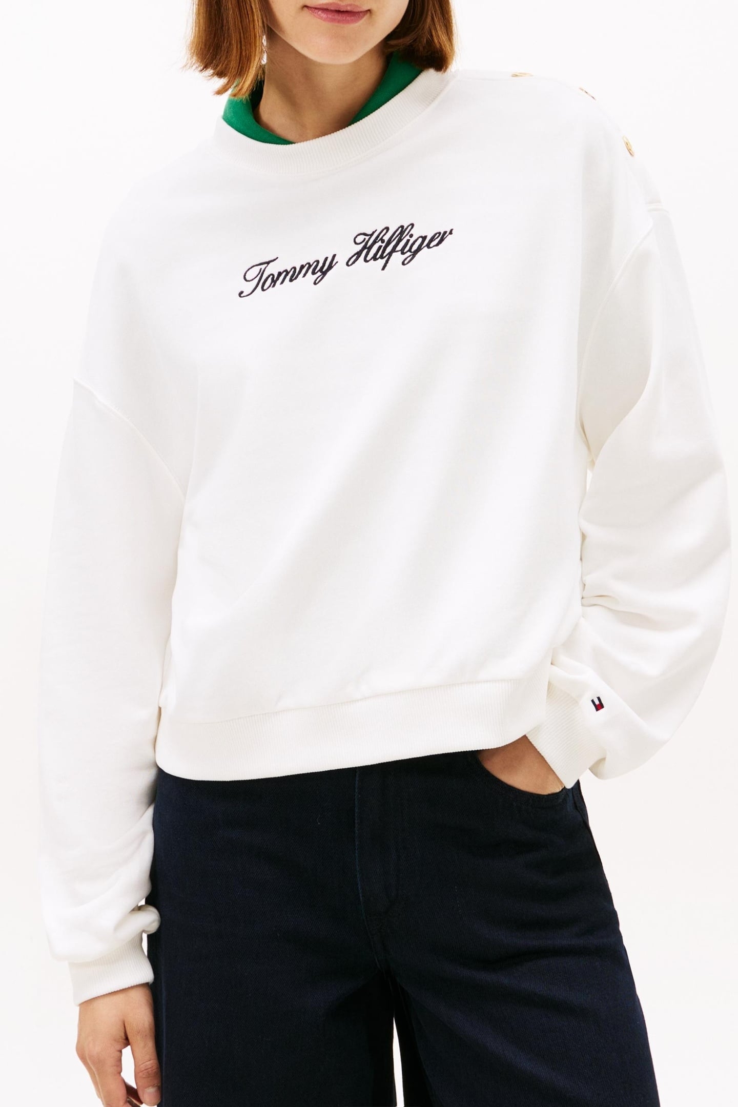 GOLD BUTTON SCRIPT TERRY PULLOVER SWEATSHIRT ECRU 1