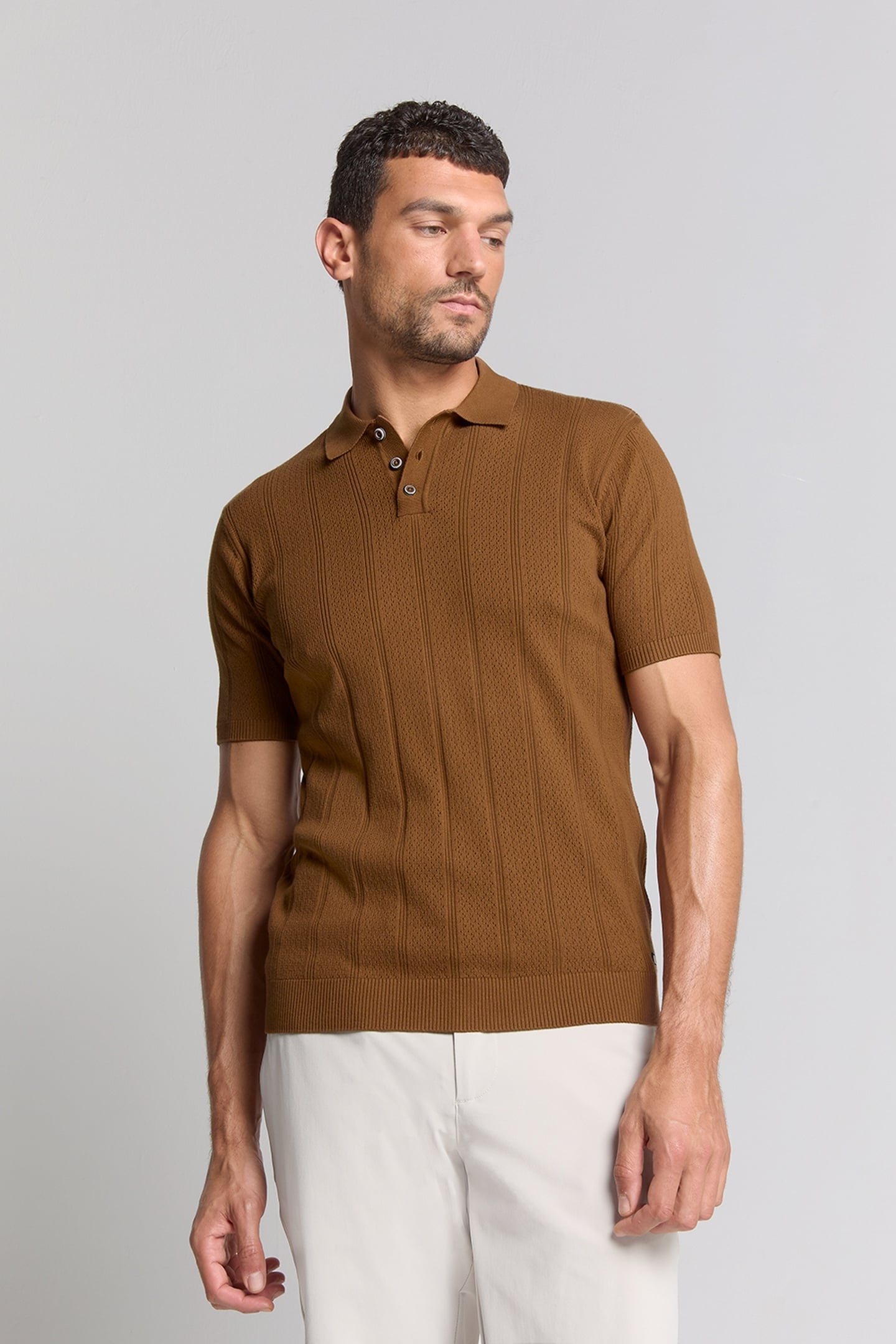 PULLOVER SHORT SLEEVE POLO BUTTON SOLID JACQUARD CAMEL 1