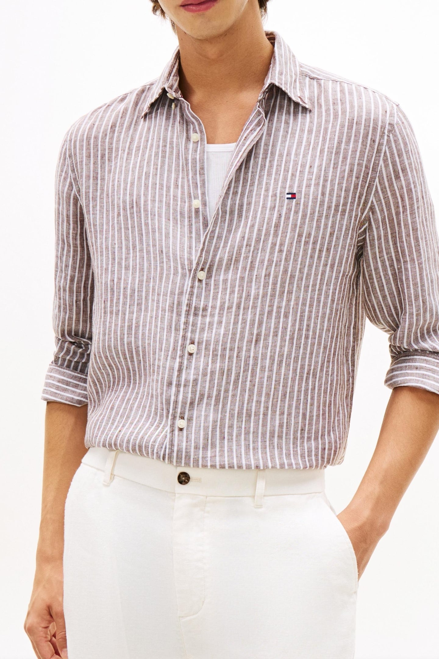 REGULAR FIT LINEN SHIRT LEGACY BROWN/STRIPE 3