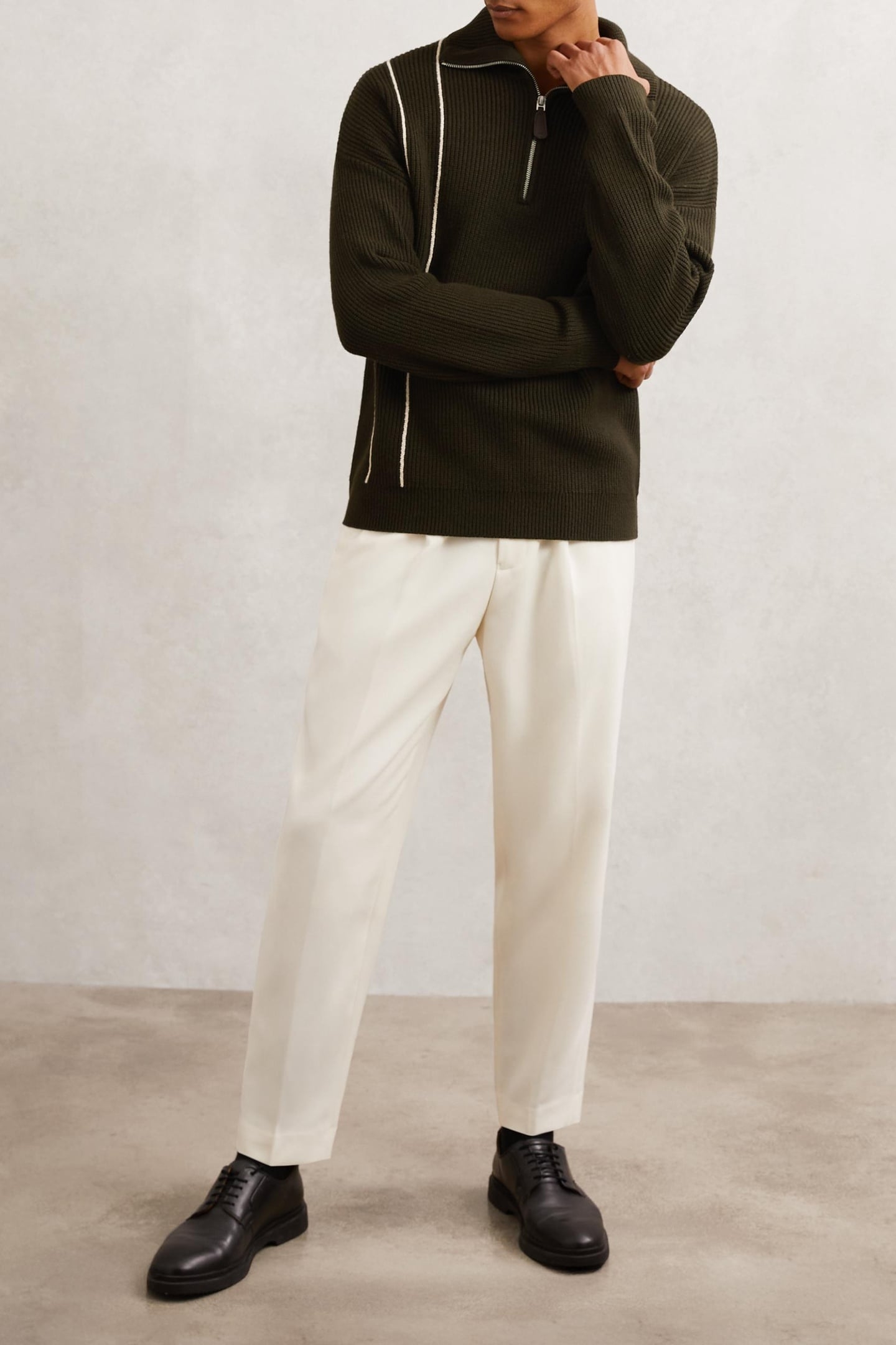 LS HALF ZIP FUNNEL NECK RIBBED JUMPER DARK OLIVE GREEN 1