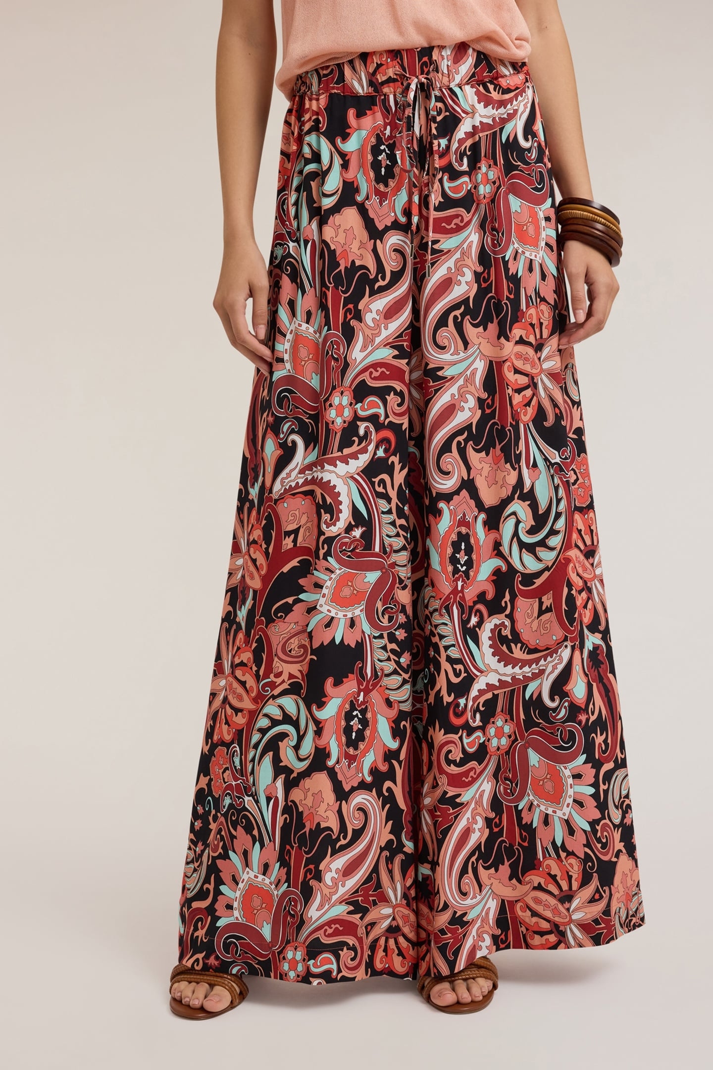 FLOWING PALAZZO PANTS WITH ETHNIC PATTERN RED 1