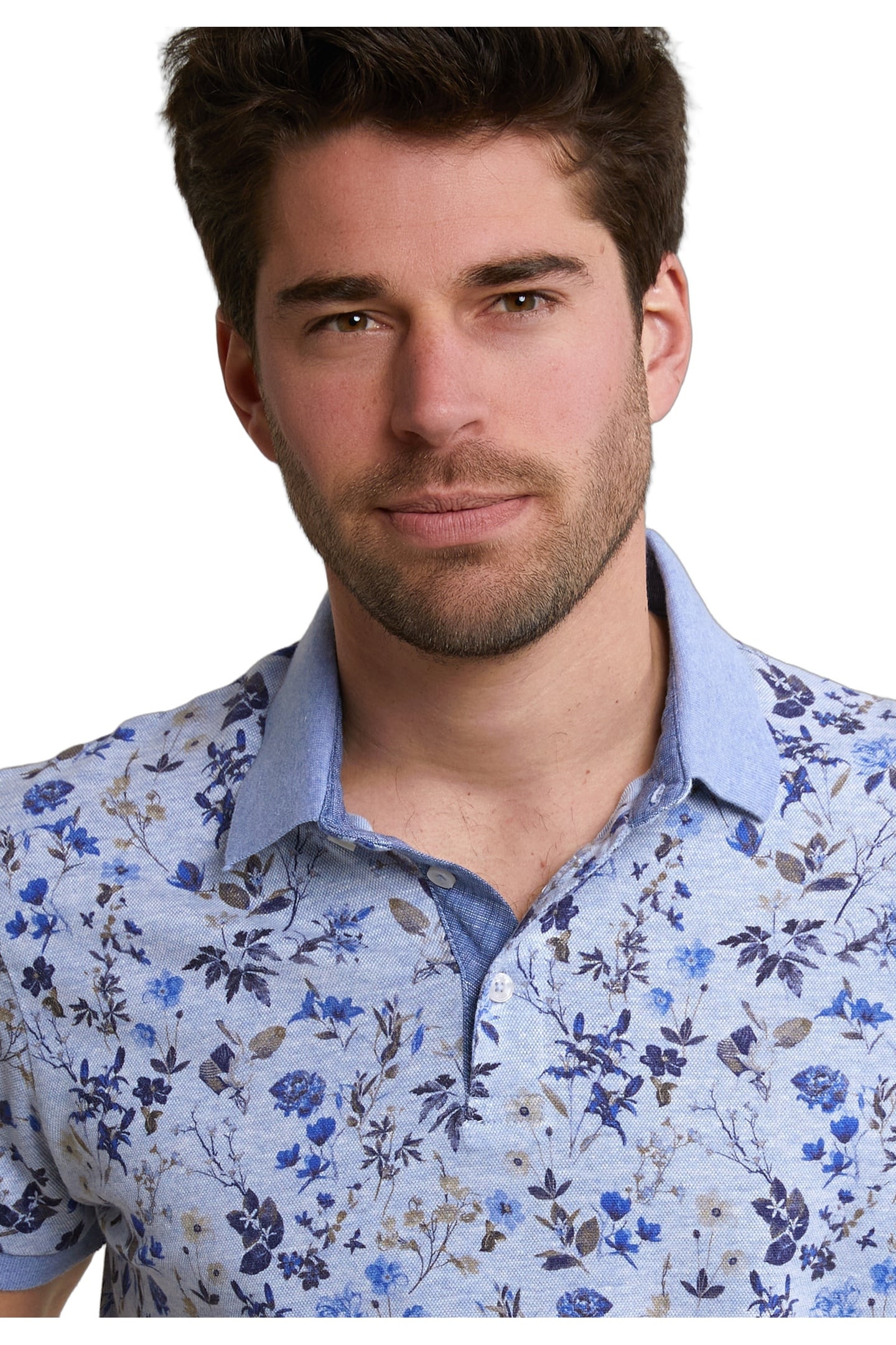 CUSTOM FIT COTTON-LINEN FLORAL POLO CHAMBRAY MIX 4