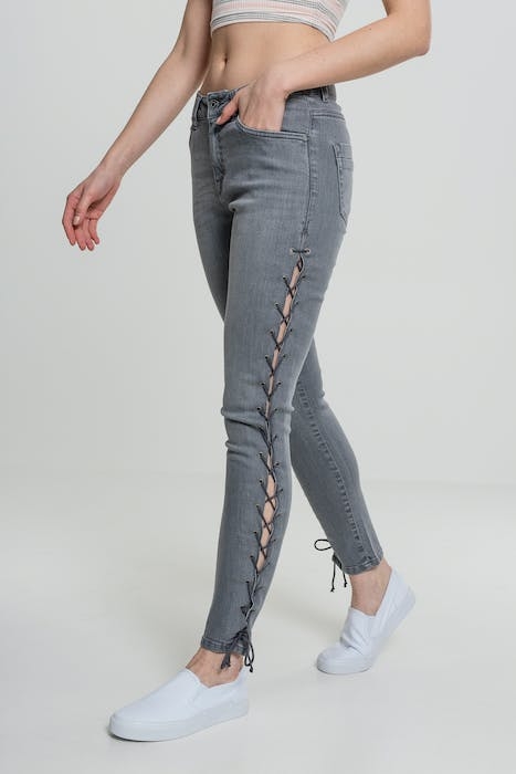 LADIES DENIM LACE UP SKINNY PANTS GREY 4