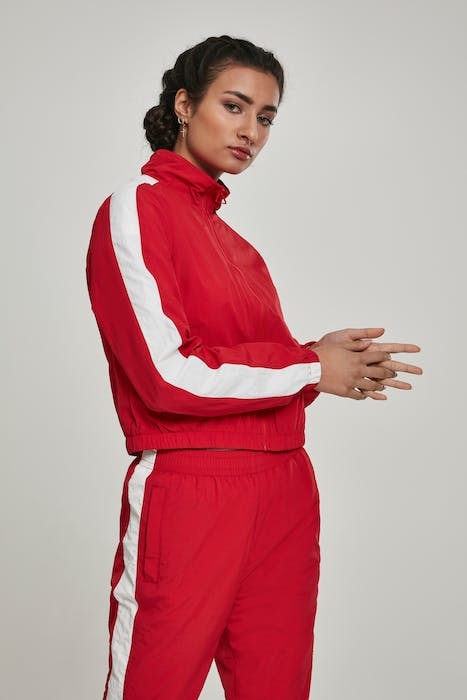 LADIES SHORT STRIPED CRINKLE TRACK JACKET RED/WHT 1