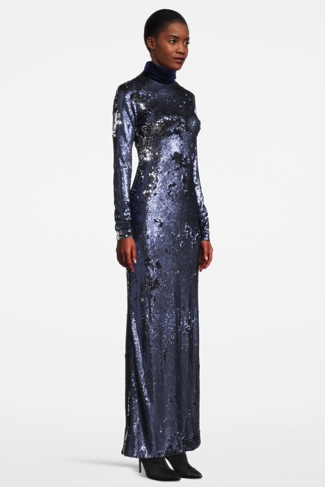 WOMEN‘S MAXI SEQUIN DRESS WITH HIGH COLLAR NAVY, SILVER 3