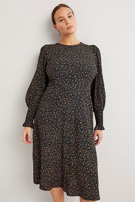 SMOCKED CUFF MIDI DRESS BLK 1