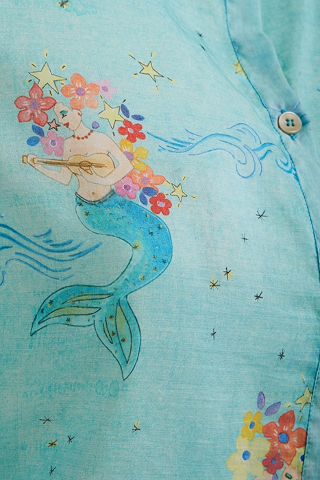 "THE MERMAIDS SONG" PRINT VOILE GRANDFATHER SHIRT ACQUA 3