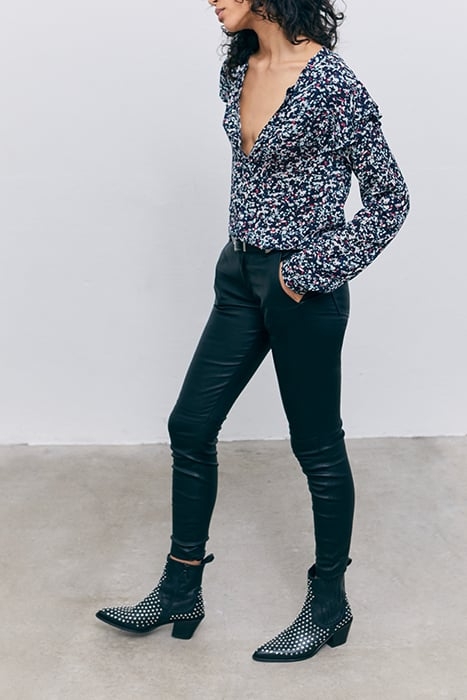 NAVY TACHIST PRINT BLOUSE WITH RUFFLED SHOULDERS 3