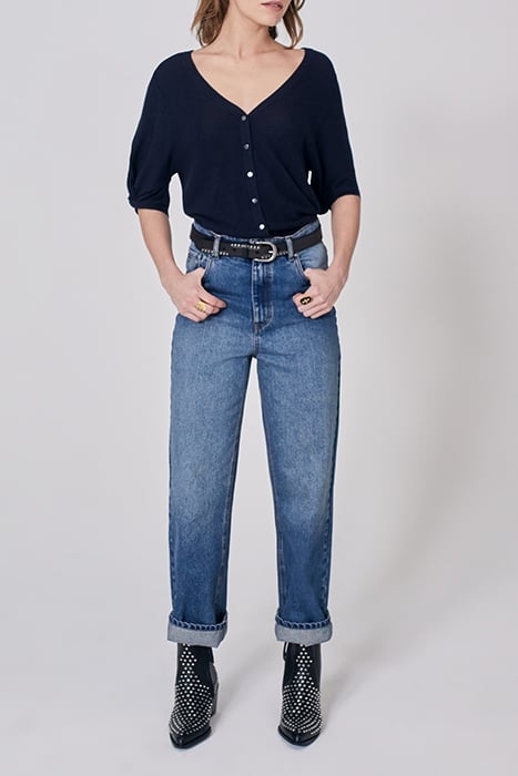 NAVY KNIT FRONT/BACK SWEATER, BUTTONED BACK 1