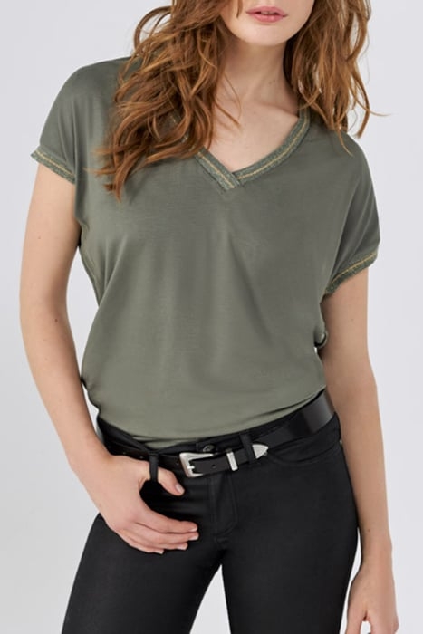 KHAKI MIXED FABRIC TOP WITH STRIPED RIBBED V NECK 1