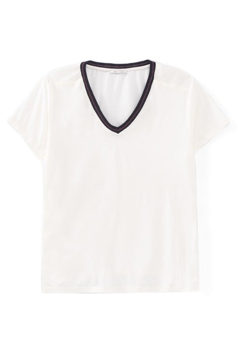 ECRU T-SHIRT WITH NAVY STRIPED RIBBING 4
