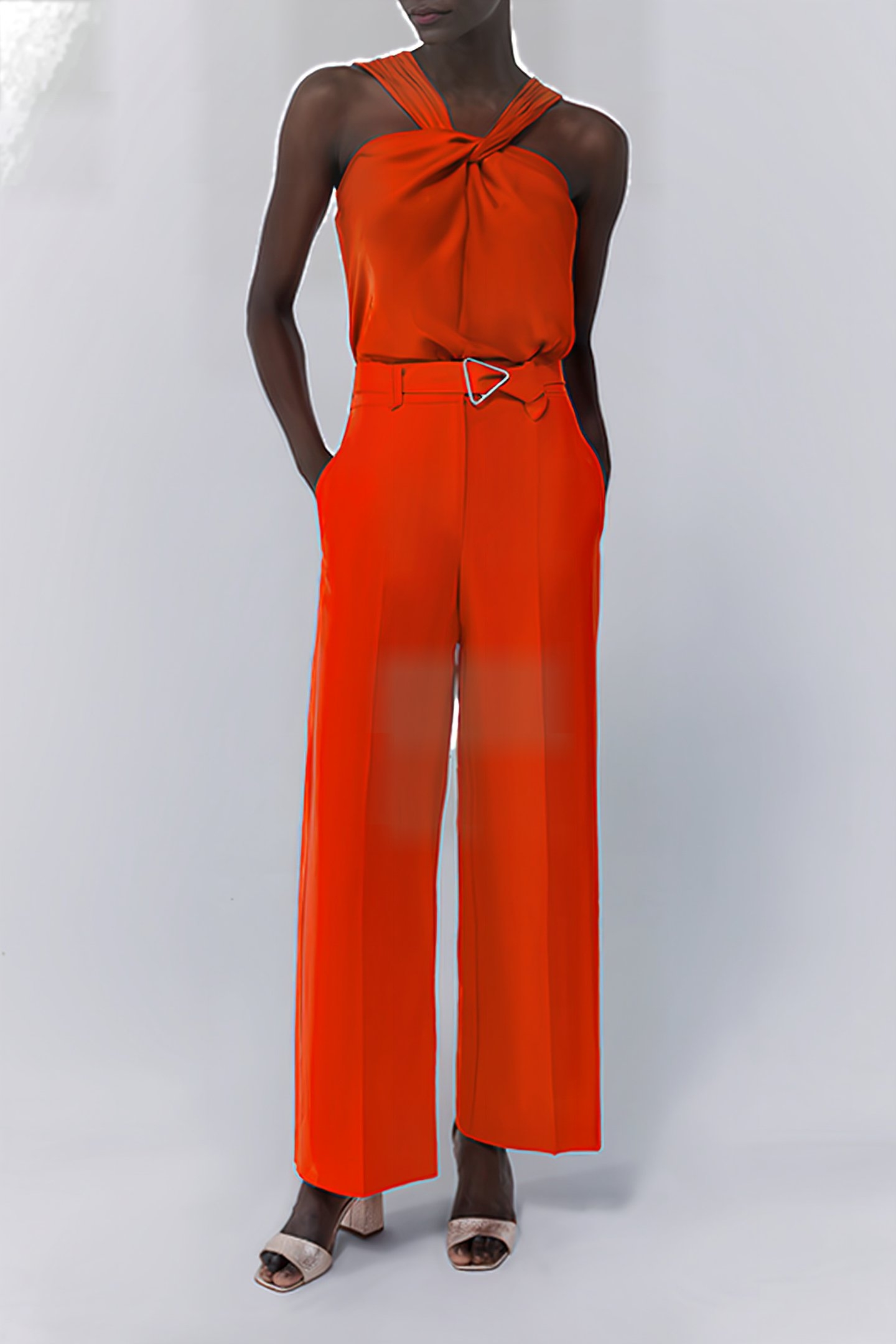 ORANGE ASYMMETRIC TOP WITH TIED NECKLINE 1