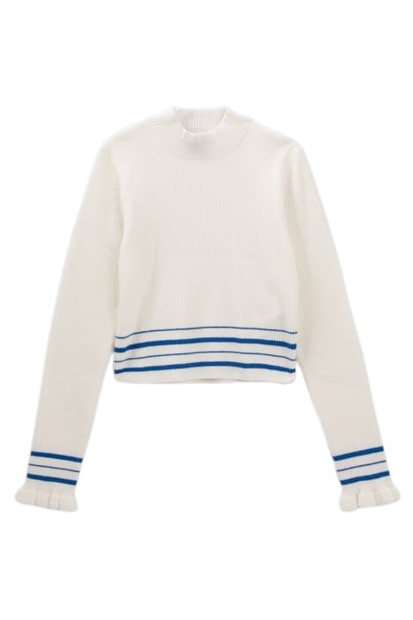 GIRLS’ WHITE KNIT SWEATER WITH BLUE STRIPES 1