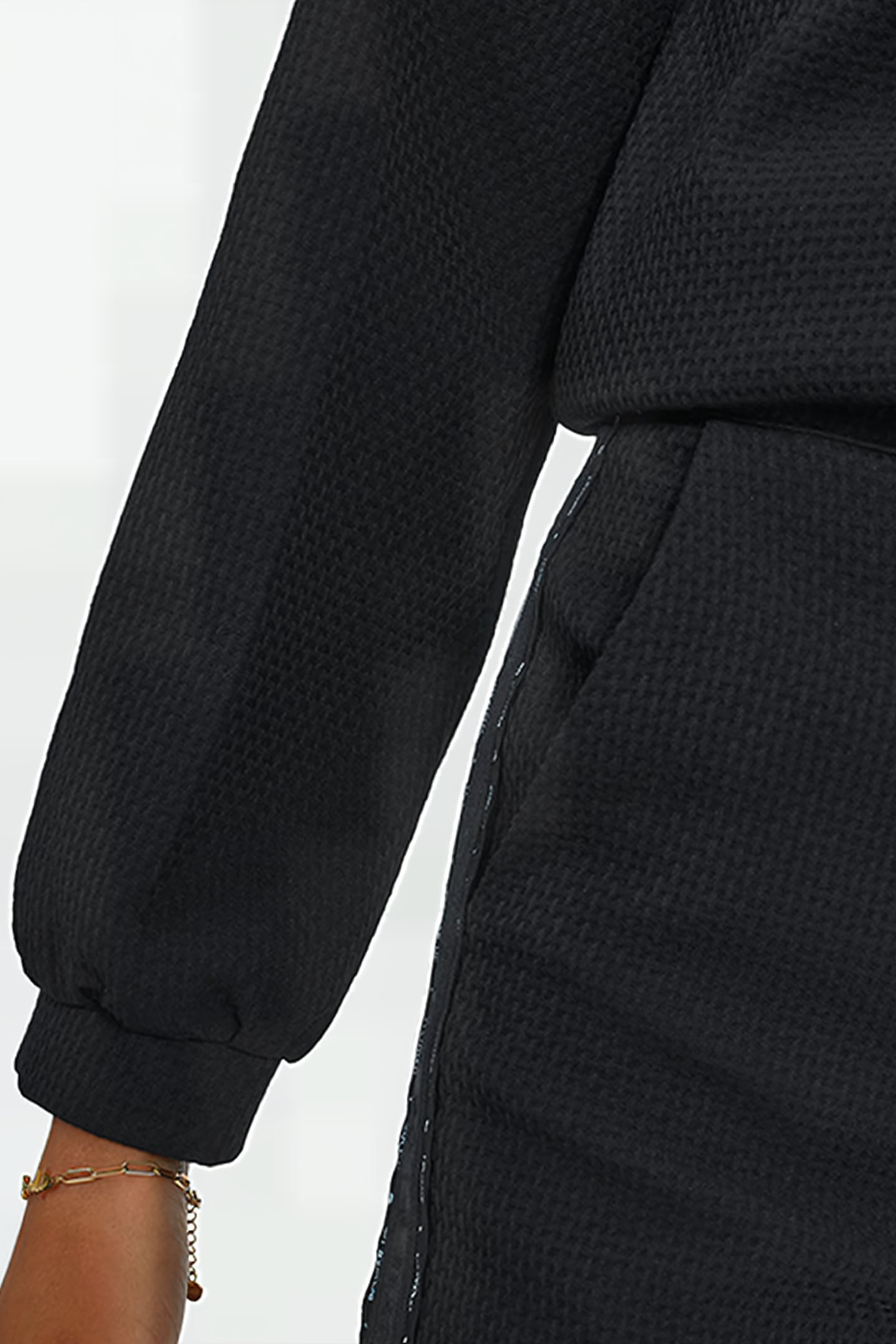 BLACK WAFFLE-KNIT BLOUSE WITH LETTER BAND 5