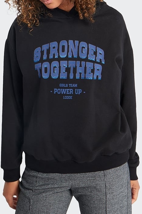 BLACK HOODIE WITH GLITTERY 3D SLOGAN 1