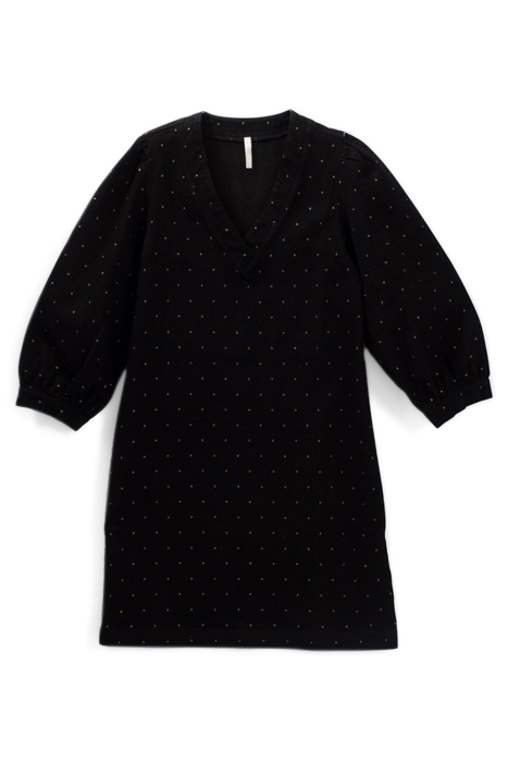 BLACK DENIM DRESS WITH GOLD POLKA DOT PRINT 4