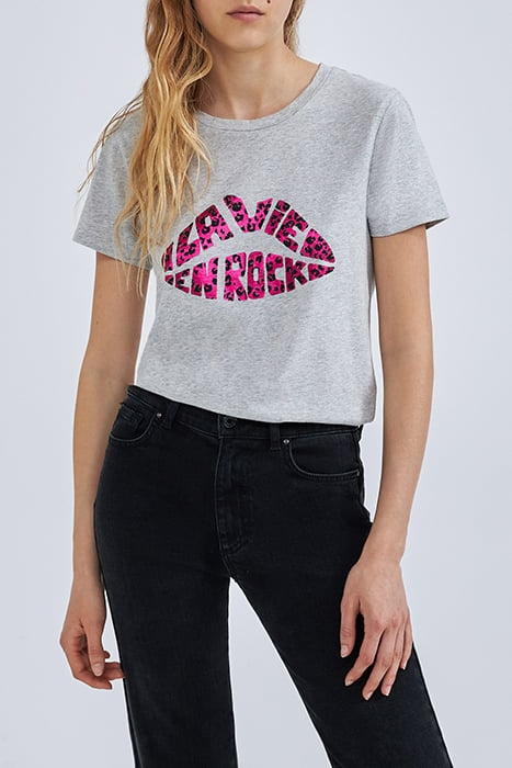 GREY T-SHIRT WITH LIP-SHAPED SLOGAN GREY 1