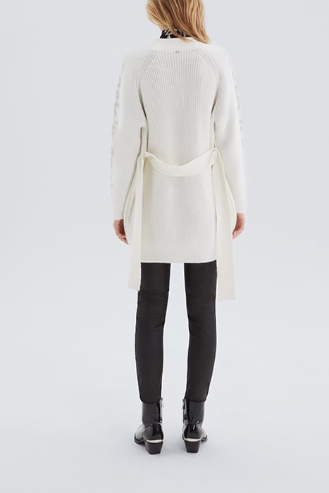 ECRU KNIT BELTED CARDIGAN WITH SLOGANS ON SLEEVES IVORY 2