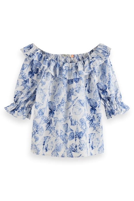 OFF SHOULDER TOP WITH RUFFLES SHELL BATIK BLUE 1