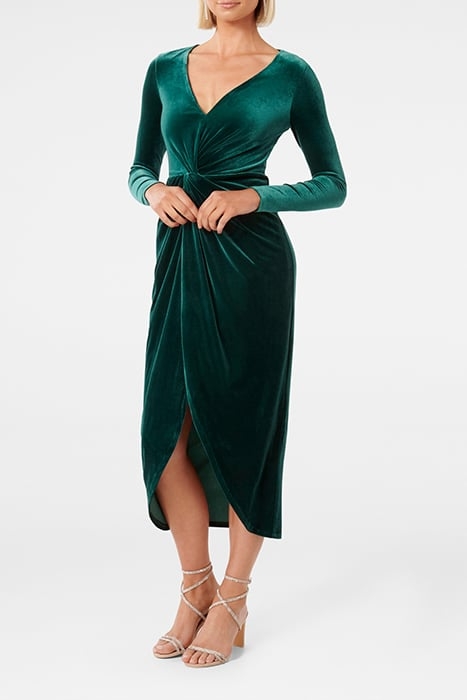 SOFIA VELVET TWIST FRONT MIDI DRESS EMERALD GREEN 1