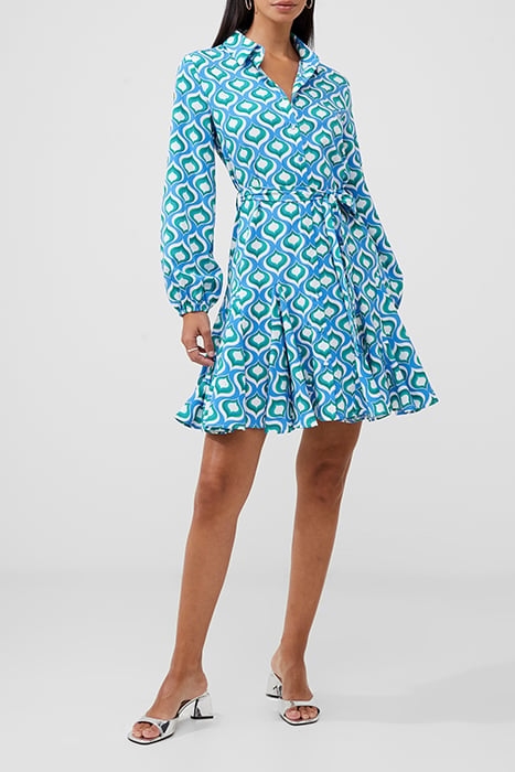 PRINTED LS SHIRT BELTED DRESS BLUE 2