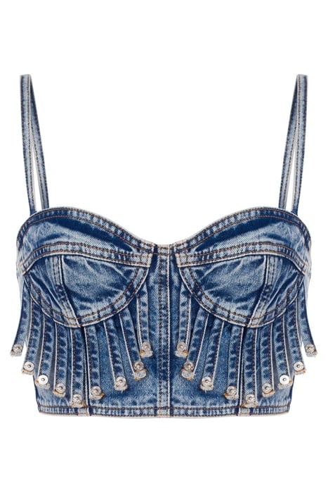 RECYCLED DENIM CROP TOP WITH FRINGES BLUE 3