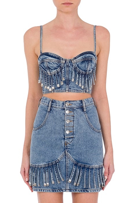 RECYCLED DENIM CROP TOP WITH FRINGES BLUE 1