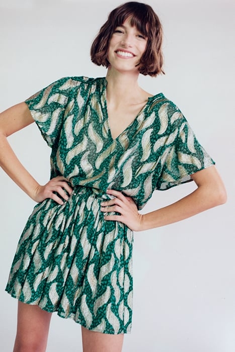 EMERALD SHORT SKIRT WITH GOLD LEAF PRINT 1