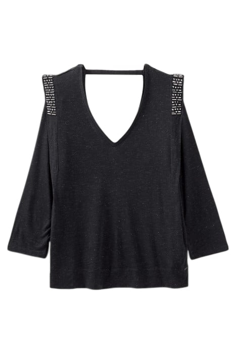 BLACK V NECK VISCOSE T-SHIRT WITH RHINESTONES 5