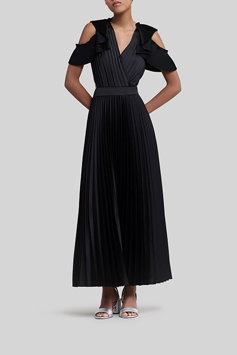 BLACK RECYCLED PLEATED LONG DRESS, SIDE CUT-OUTS 1
