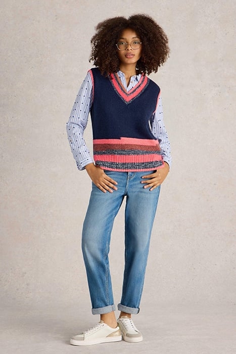 V NECK STRIPE TANK NAVY MULTI 1