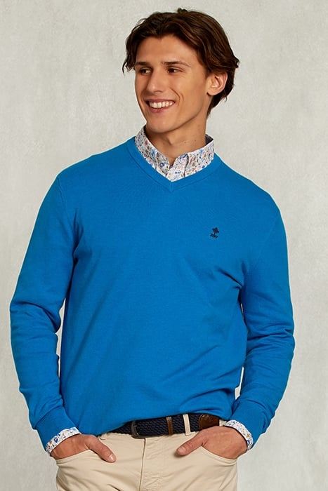 NORMAL FIT BASIC COTTON V-NECK PULLOVER TROPICAL BLUE MIX BL 1