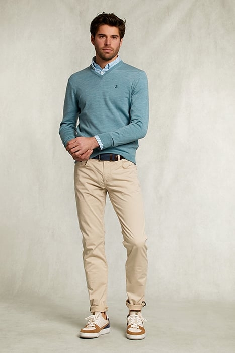 CUSTOM FIT MERINO V-NECK PULLOVER DARK SISAL MIX BLUE 3