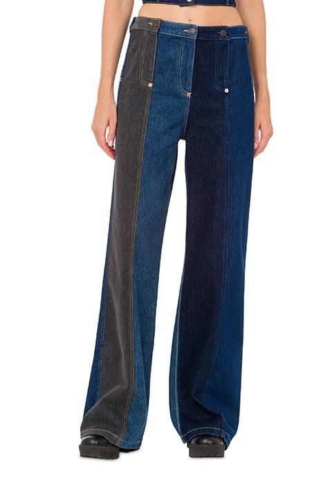 PATCHWORK DENIM FLARE TROUSERS BLUE 1