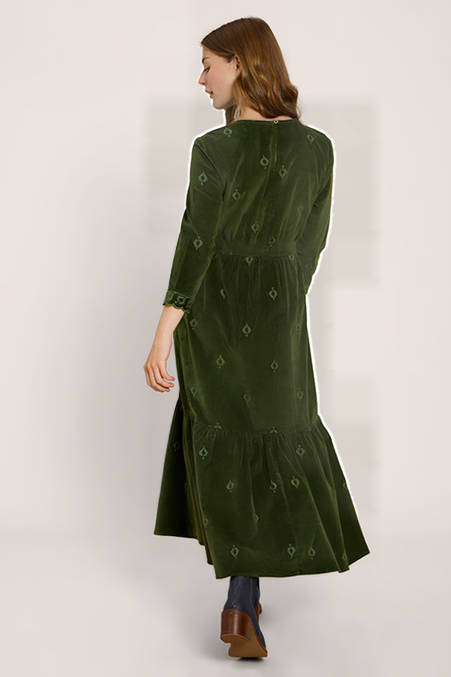 CARRIE EMBROIDERED CORD DRESS KHAKI GREEN 2