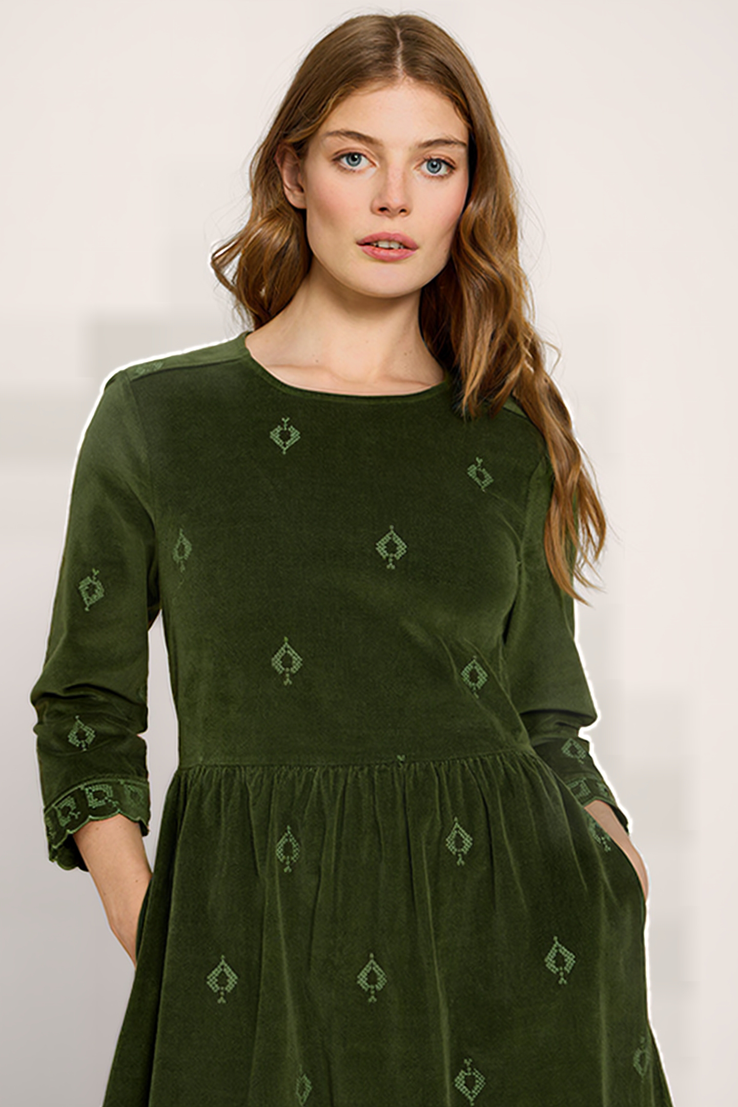 CARRIE EMBROIDERED CORD DRESS KHAKI GREEN 4