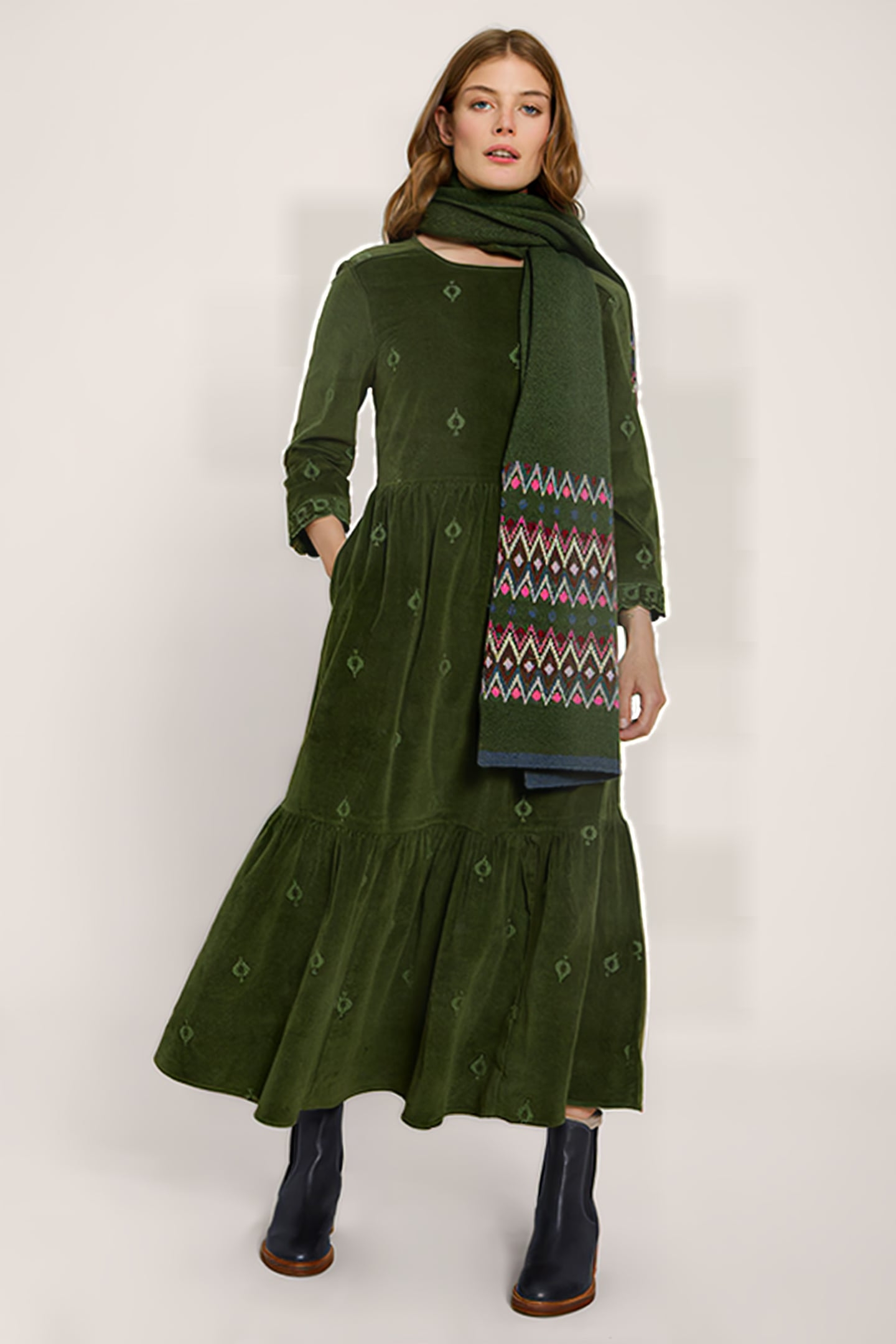 CARRIE EMBROIDERED CORD DRESS KHAKI GREEN 1