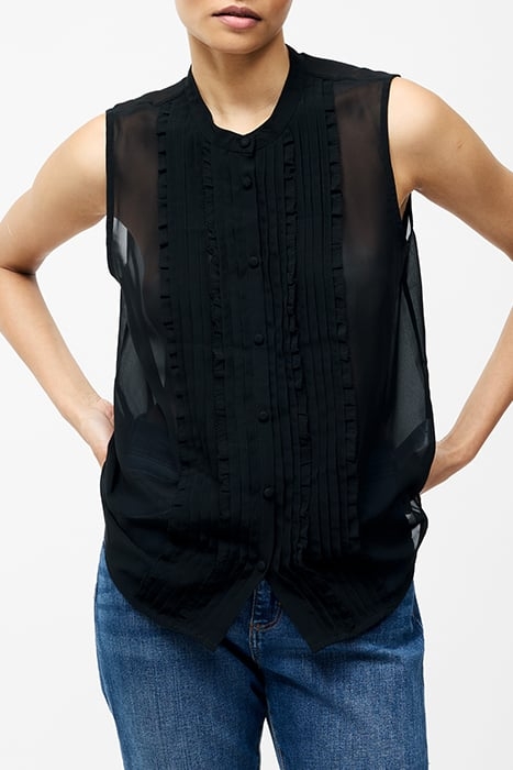 FRILL SLEEVELESS HENLEY BUTTON DOWN TANK TOP BLACK 1