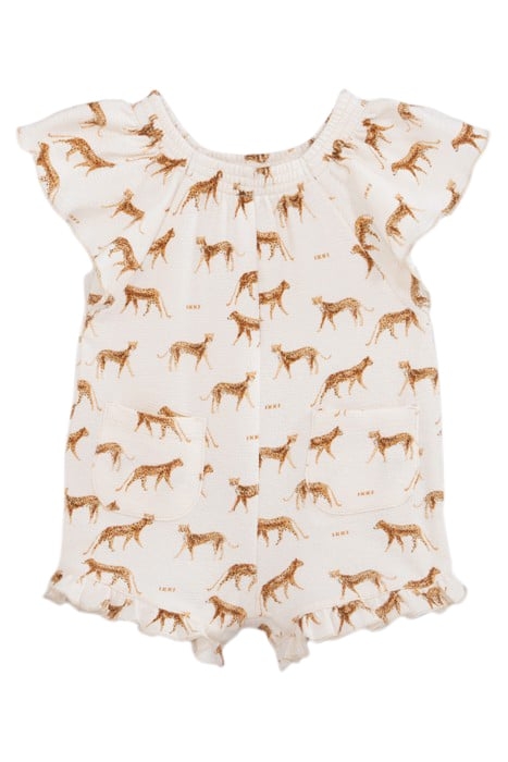 BABY GIRLS’ ECRU ORGANIC COTTON PLAYSUIT, LITTLE PANTHERS 1