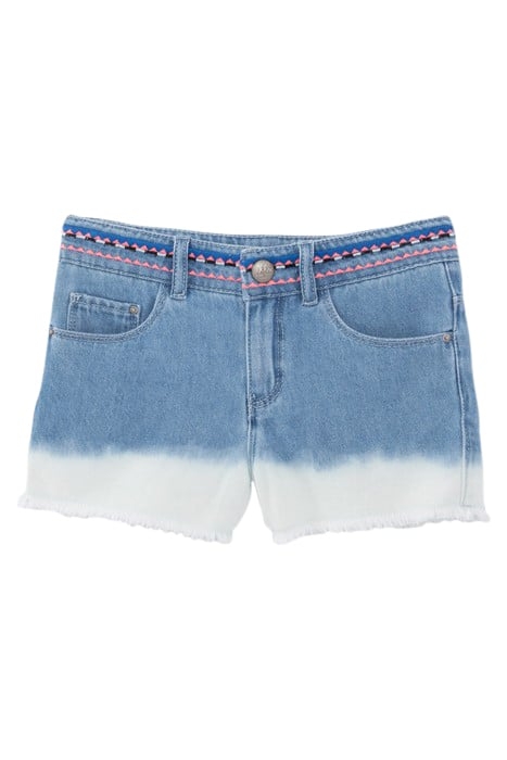 GIRLS’ DEEP-DYE WATERLESS DENIM SHORTS, EMBROIDERED WAIST 1