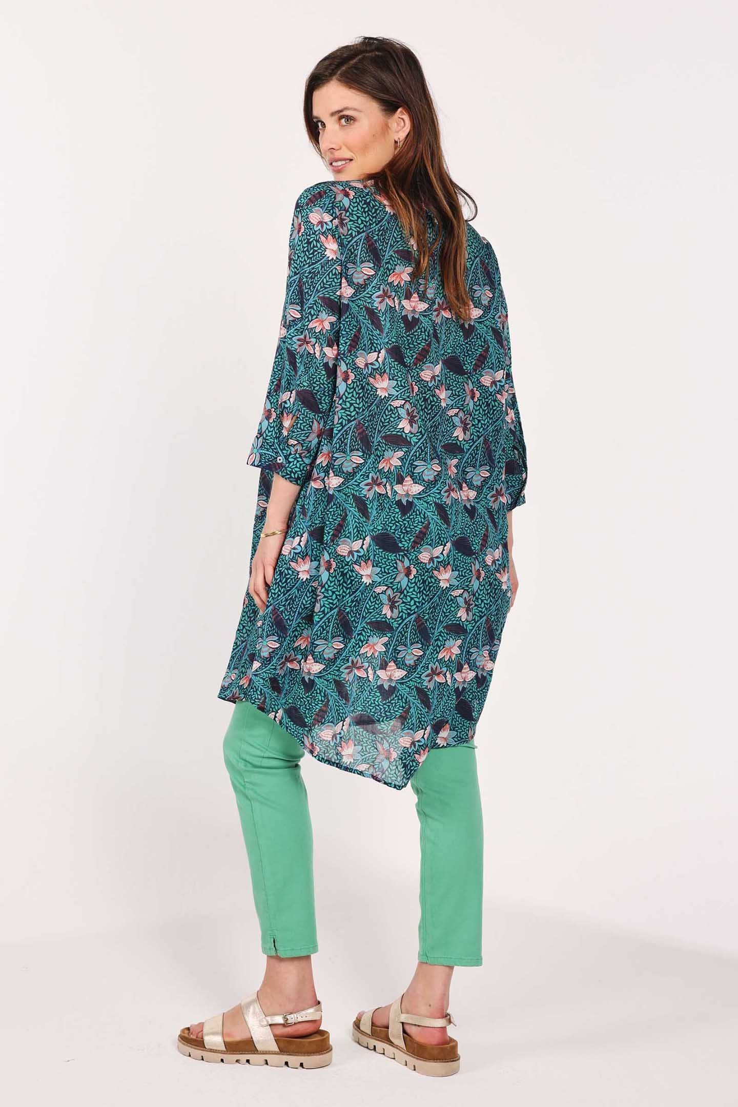 LONG BLOUSE DRESS FLORA GREEN WITH LOTS OF LEAVES PRINT 3