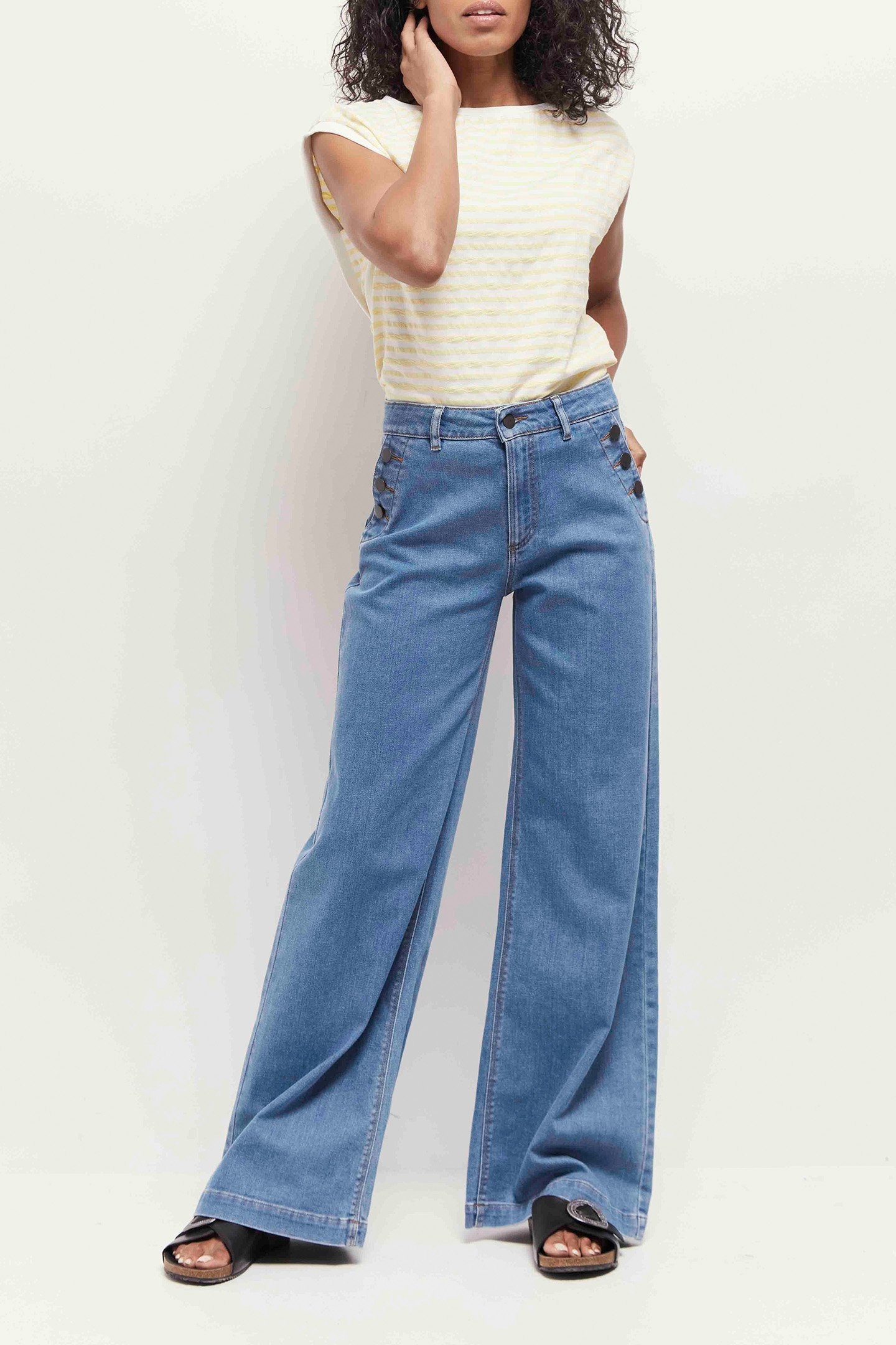 MARCIA - ECRU JACQUARD T-SHIRT WITH YELLOW STRIPE PATTERN OF 3