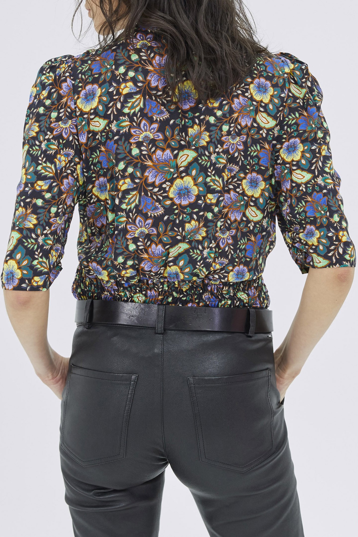 BLACK DRAPED BLOUSE WITH MAXI FLORAL PRINT 2