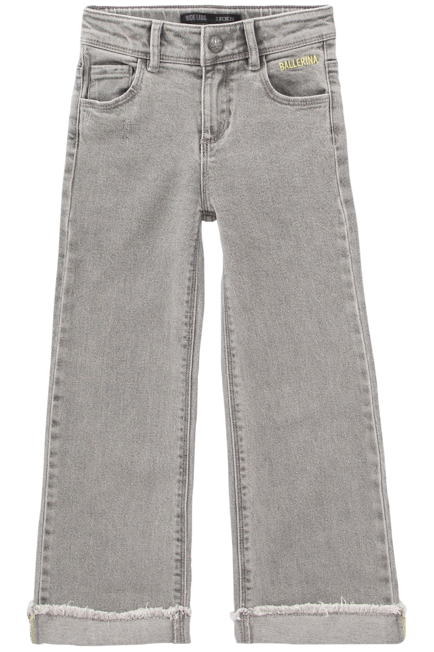 GIRLS’ GREY WIDE LEG JEANS, FIXED FRINGED TURNED UP CUFFS 1