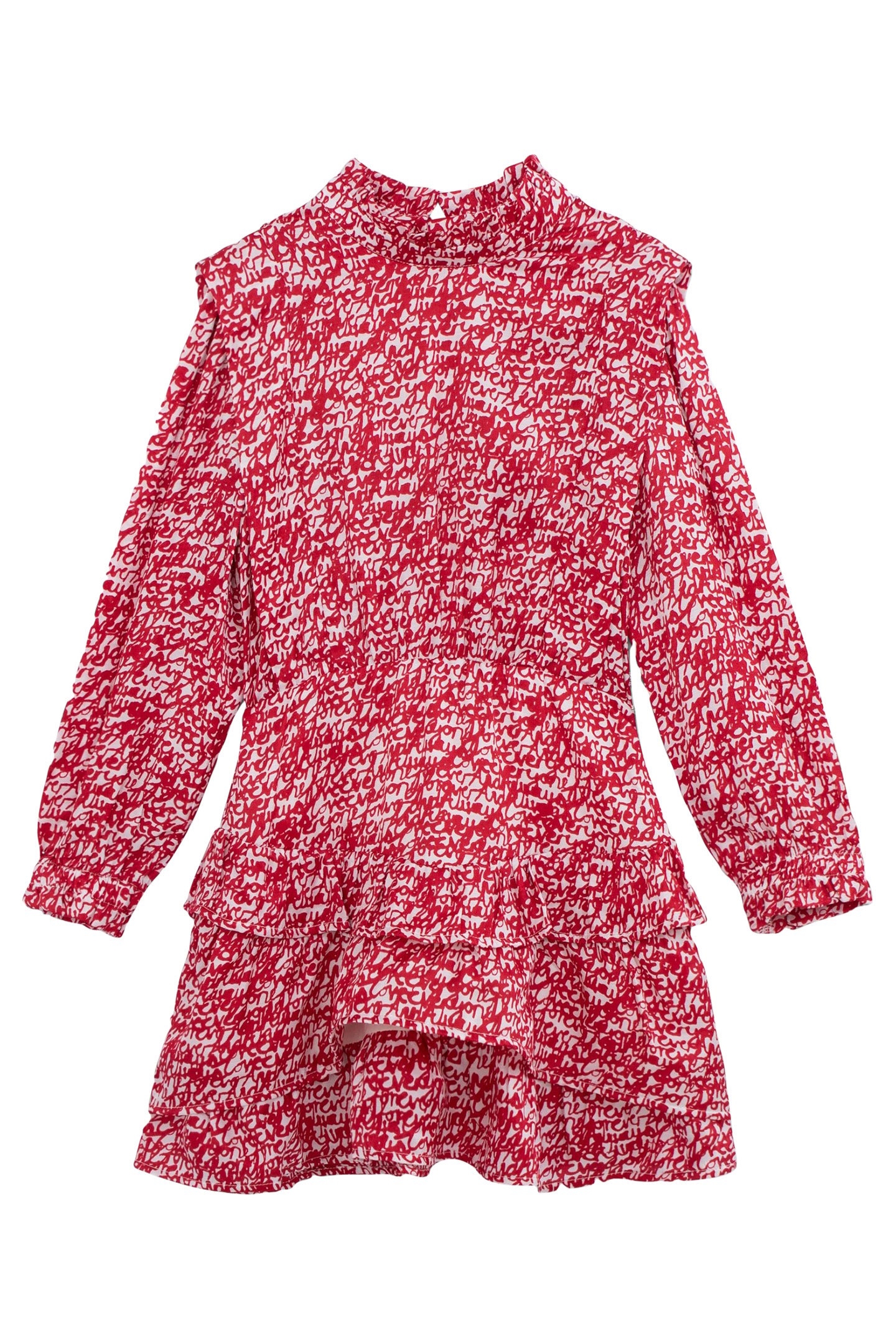 GIRLS’ RED RUFFLED DRESS WITH TAG PRINT 1